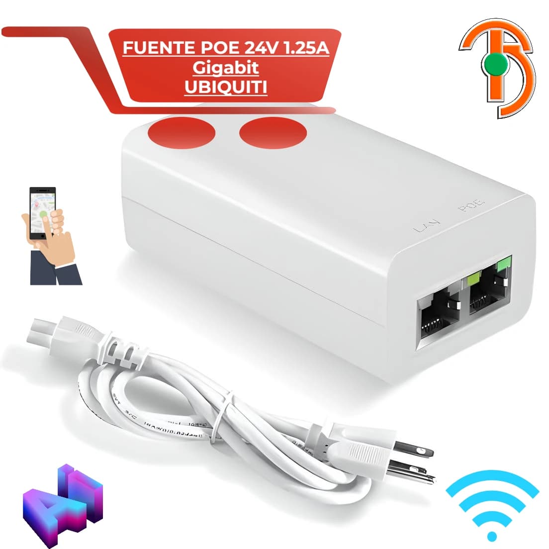 Imagen de Fuente Poe De 24 Voltios y 0.5 Amperios Puerto Gigabit Ubiquiti UB-POE-24-12W-G