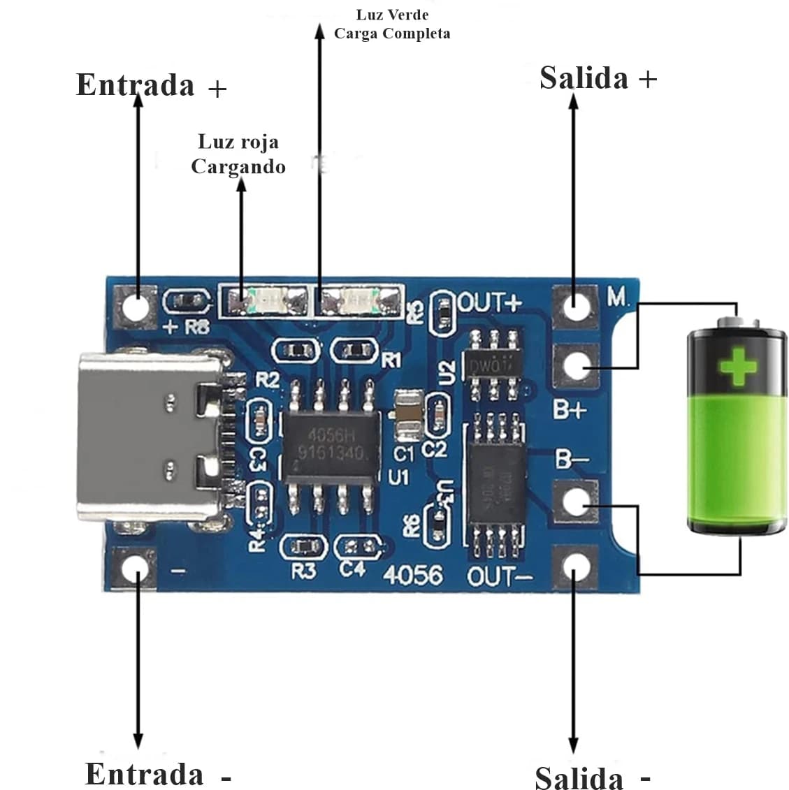 Imagen de Tarjeta Cargadora Para Pilas de Lítio 5 Voltios 1 Amperio USB-C TP4056 V1008